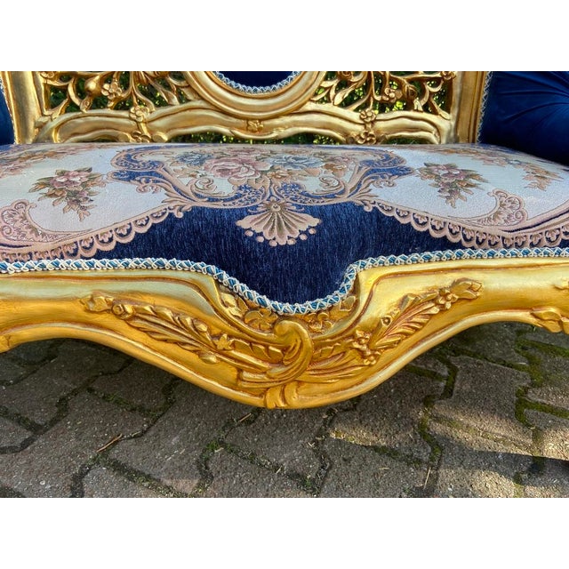 Wood Late 20thC French Louis XVI Blue Velvet Antique Gold Beech Settee For Sale - Image 7 of 14