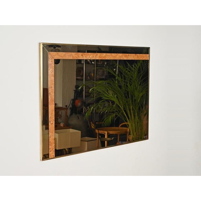 Marvelous and unique large rectangular mirror in a beautiful combination of solid brass and poplar burl. This incredibly...