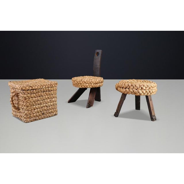 Vintage French Rope Chair with Stool and Basket from Audoux Minet, 1960s, Set of 3 For Sale - Image 13 of 15