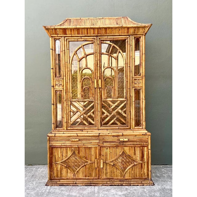 Vintage Chinoiserie Pagoda Rattan China Cabinet For Sale - Image 11 of 12
