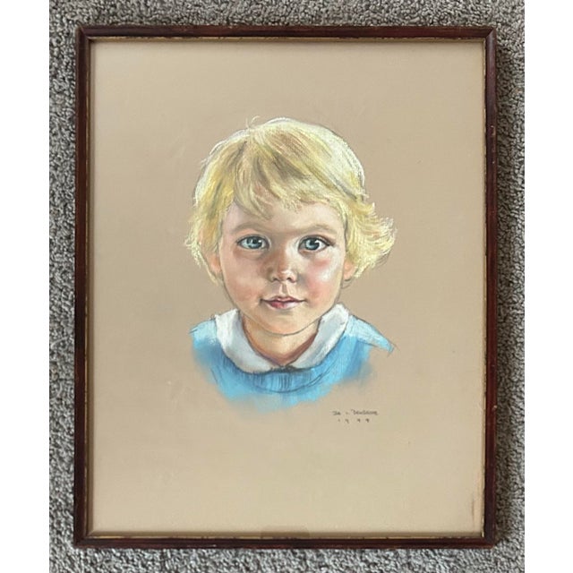 Antique 1944 pastel portrait of a young blond haired blue eyed boy. Signed Ida L. Dengrove 1944 to the lower right....