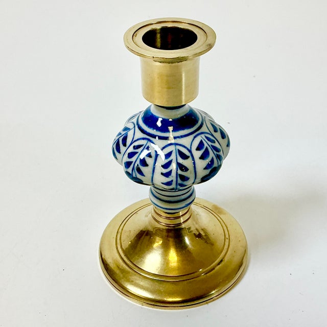 Metal Mid-Century Boho Chic Hollywood Regency Ceramic Delft Blue & White, Brass Candle Holder For Sale - Image 7 of 11