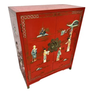 Vintage Chinese Red Chinoiserie Cabinet For Sale