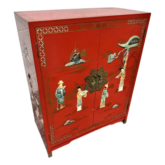 Vintage Chinese Red Chinoiserie Cabinet For Sale