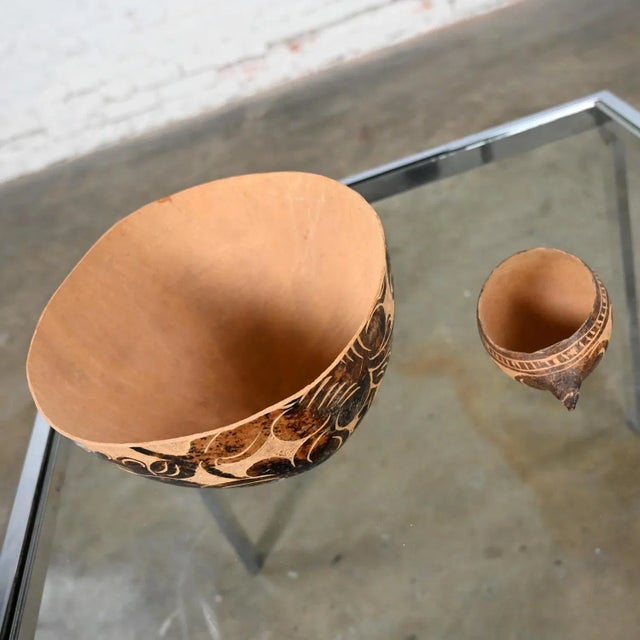 Mid 20th Century Mid to Late 20th Century South American Tribal Gourd Bowls Hand Carved Floral Details a Pair For Sale - Image 5 of 12