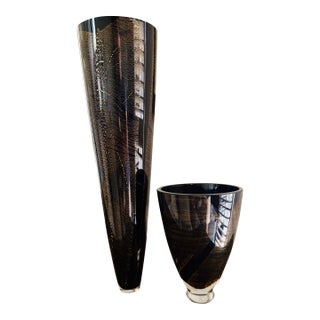 Pair of 1970s Theresienthal Black and Gold Art Glass Vases, Attributed For Sale