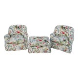 George Smith Attr. Floral Scroll Arms 2 Armchairs and Ottoman For Sale