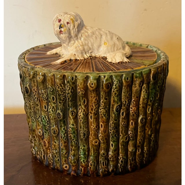 Antique 19th Century George Jones English Majolica Bamboo Faux Bois Oval Desk Box With White Dog Finial For Sale - Image 12 of 13