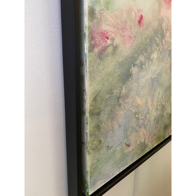 Fanciful abstract painting in acrylic on stretched canvas. Framed in black wood float frame. Features lovely blended...