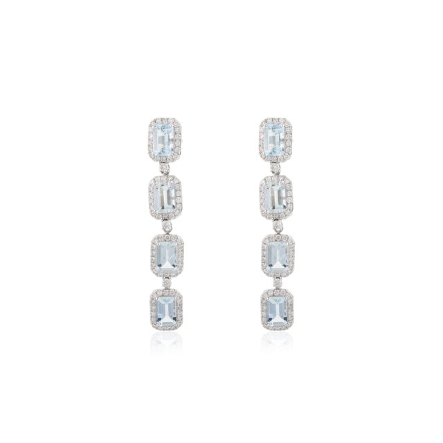 Octagon Cut Aquamarine & Halo Diamond Dangle Earrings - a Pair For Sale - Image 4 of 11