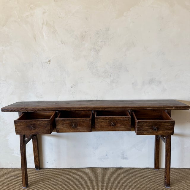 Contemporary Vintage Reclaimed Elm Wood 4 Drawer Console C. 1920 For Sale - Image 3 of 12