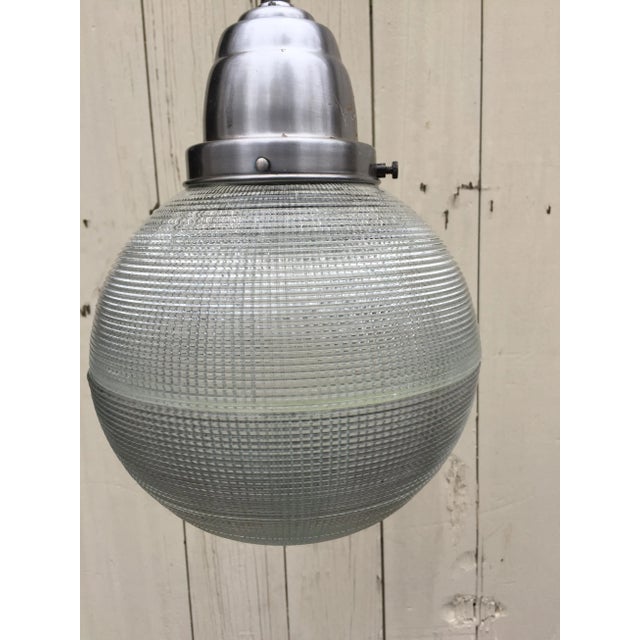 Art Deco Holophane Waffle Pattern Ball Shade and Nickel Fixture For Sale - Image 3 of 6