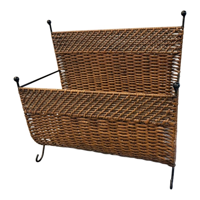 Vintage Mid Century Modern Black Iron & Wicker Rattan Magazine Rack For Sale