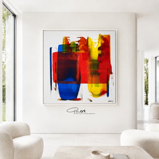 The abstract artwork combines vibrant shades of red, yellow, and blue into a powerful, multi-layered composition....