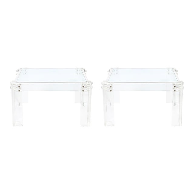 Pair of Mid-Century Modernist Rectilinear Lucite & Glass Side/End Tables For Sale