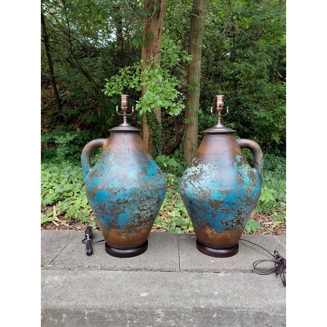 Contemporary Monumental Volcanic Glaze Ceramic Amphora Table Lamps – A Pair For Sale - Image 3 of 8