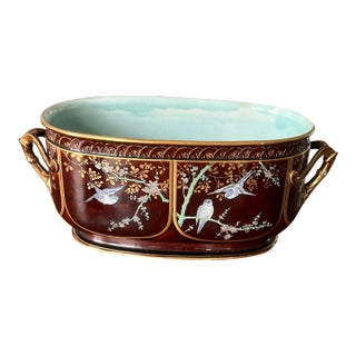 19th Century French Choisy Le Roi Jardiniere With Hand-Painted Birds, Circa 1880s For Sale