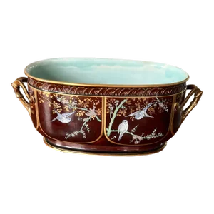 Antique French Jardiniere With Hand-Painted Birds, Botanicals, and Gilt Detail