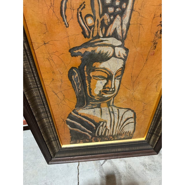 1970s Vintage Orange Asian Painting in Wooden Frame For Sale - Image 5 of 7