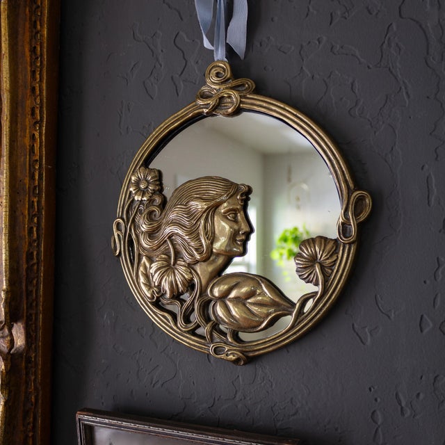 Brass Art Nouveau Round Mirror of Woman With Flowers For Sale - Image 4 of 10