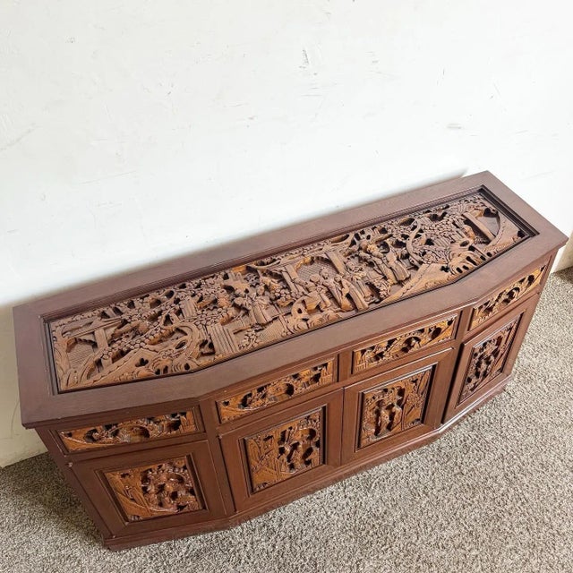 Asian Asian Wooden Hand Carved Credenza For Sale - Image 3 of 9