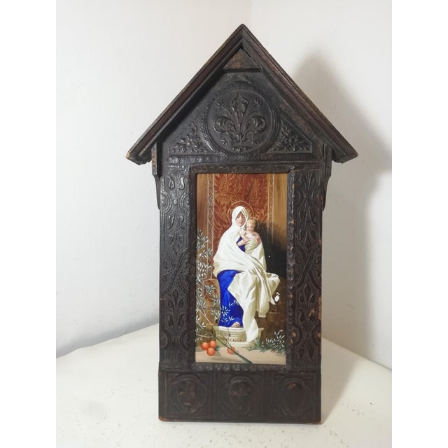 Maison De Cluny, Devotional Shrine Grand Tour Madonna of the Olives, 19th Century, Ceramic, Cow Leather & Walnut For Sale - Image 4 of 14