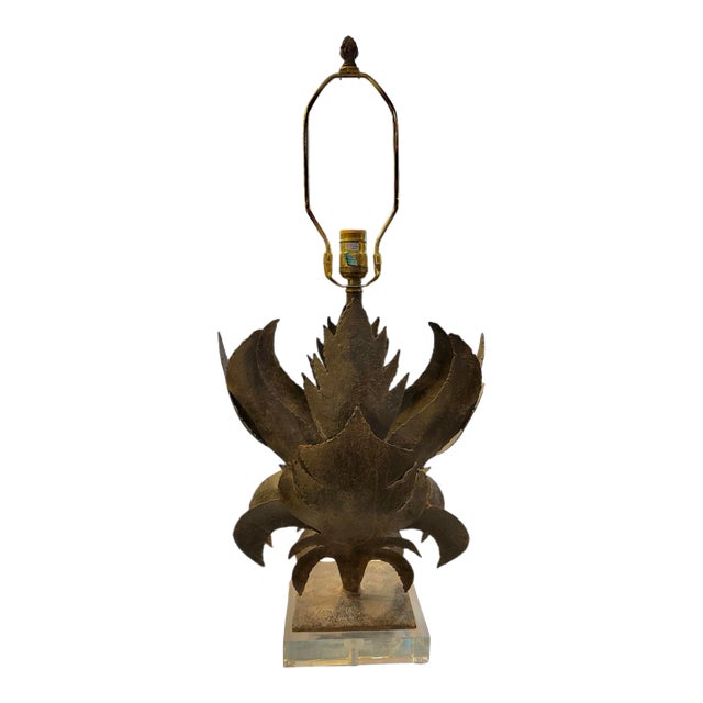 80s Brutalist Iron Leaf Lamp With Lucite Base For Sale