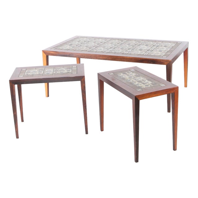 Coffee Tables in Rosewood and Ceramic, 1970s, Set of 3 For Sale