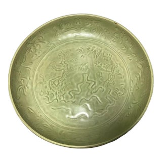 Chinese Celadon Large Decorative Plate, Collectible Carved Motif Platter For Sale