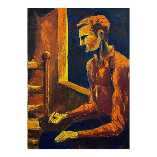 Vintage Orange Expressionist Portrait, Signed (C. 1970, AOC)/Fauvist For Sale