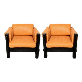 1960s Brazilian Club Lounging Armchairs Cognac Leather Ebonized Oak Wood-A Pair For Sale