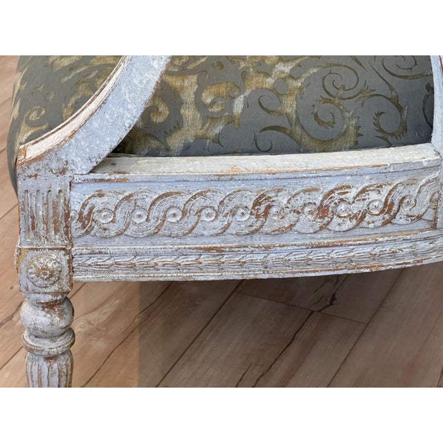 Gray 19th Century Swedish Gustavian Painted Settee With Fortuny Upholstery For Sale - Image 8 of 9