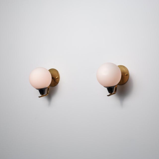 Vintage Italian Wall Sconces in Brass and Opaline Glass, 1950s, Set of 2 For Sale - Image 11 of 12