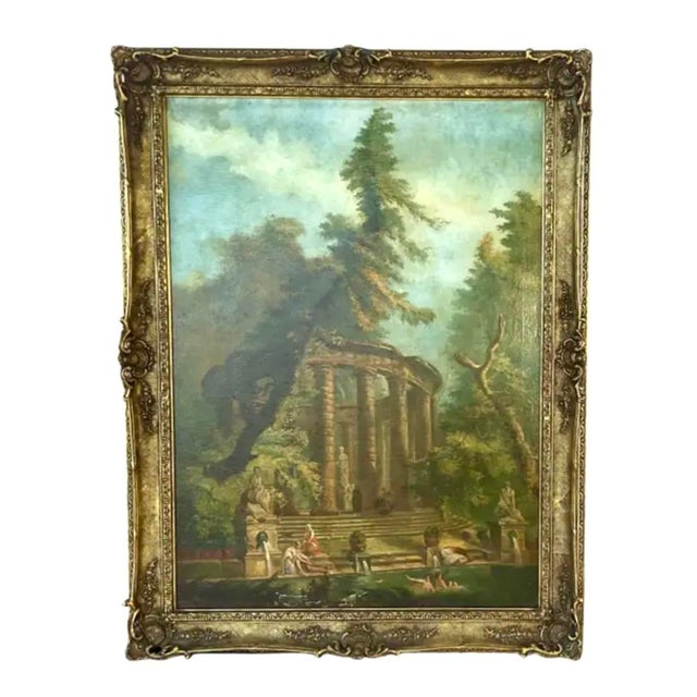 "The Bathing Pool" After Hubert Robert, Oil on Canvas Painting, Framed For Sale - Image 9 of 9