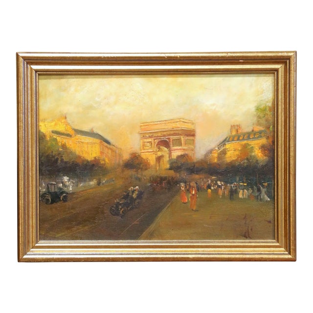 Early 20th Century French Arc De Triomphe Oil Painting in Gilt Frame For Sale