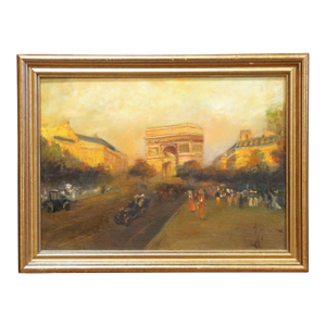 Early 20th Century French Arc De Triomphe Oil Painting in Gilt Frame
