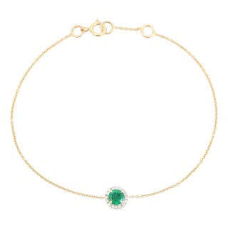 Prong Set Round Emerald Bracelet With Halo Diamonds in 14k Yellow Gold For Sale