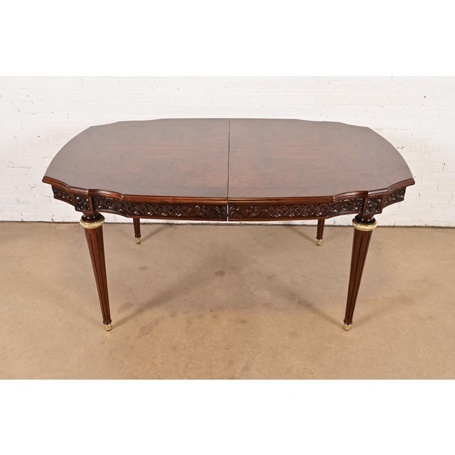 Wood Henredon Style French Regency Louis XVI Carved Mahogany and Burl Wood Extension Dining Table, Newly Refinished For Sale - Image 7 of 14