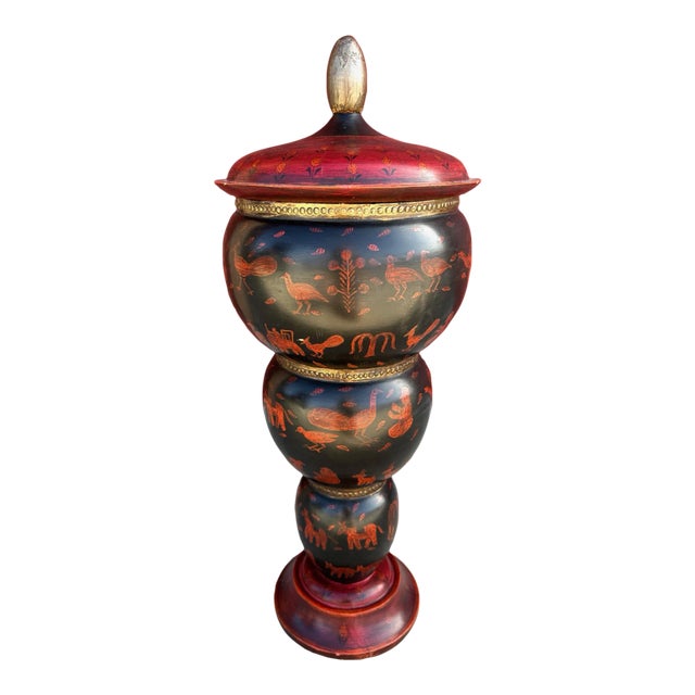 Hand Painted Wood Urn Decor For Sale