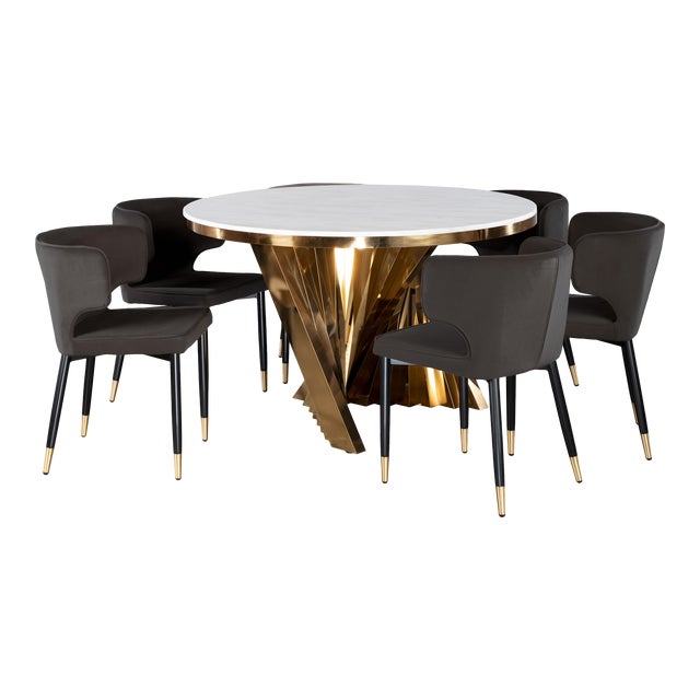 Waterfall Dining Set With Marble Top & Black & Gold Chairs - Set of 7 For Sale
