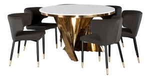 Waterfall Dining Set With Marble Top & Black & Gold Chairs - Set of 7