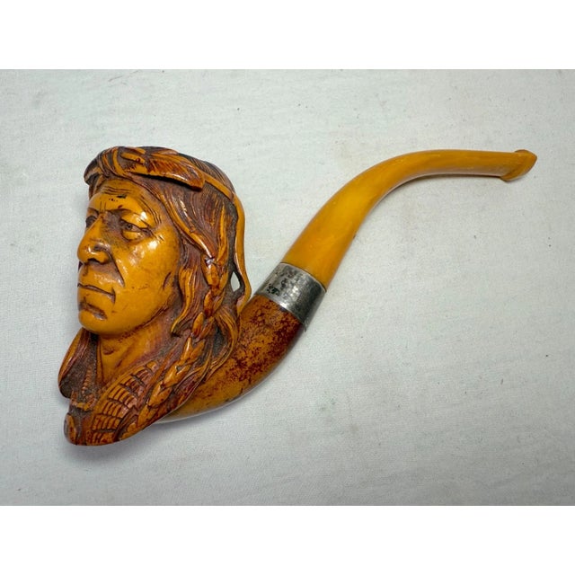 Alabaster Antique 19th Century Hand Carved Meerschaum Sterling Indian Chief Smoking Pipe For Sale - Image 8 of 17
