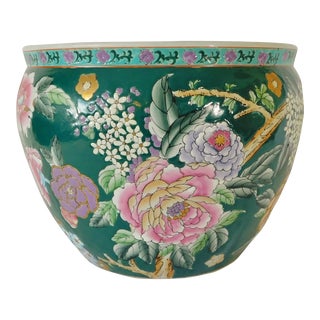 Vintage Chinese Porcelain Hand Painted Floral Koi Fish Bowl Planter Pot For Sale