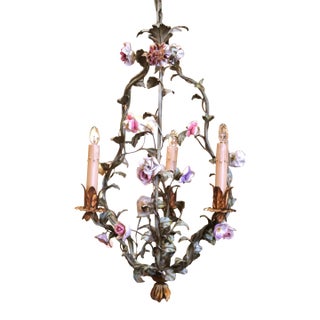 Early 20th Century French Three-Light Tole Chandelier With Porcelain Flowers For Sale