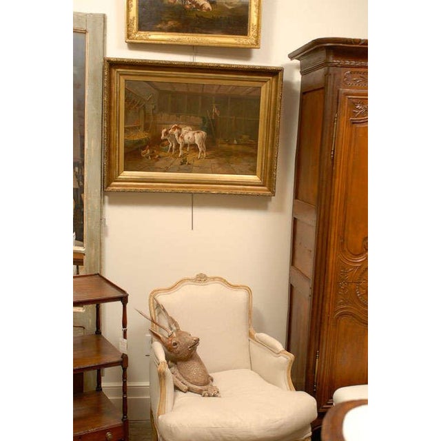 English 19th Century Oil on Canvas Farm Painting Depicting Calves and Chickens For Sale - Image 9 of 9