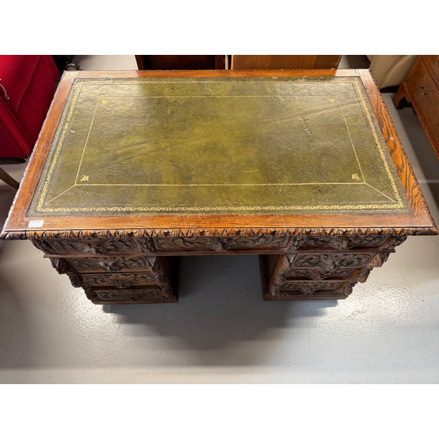 Wood Antique Carved Oak Desk with Lion Handles, 1890s For Sale - Image 7 of 13
