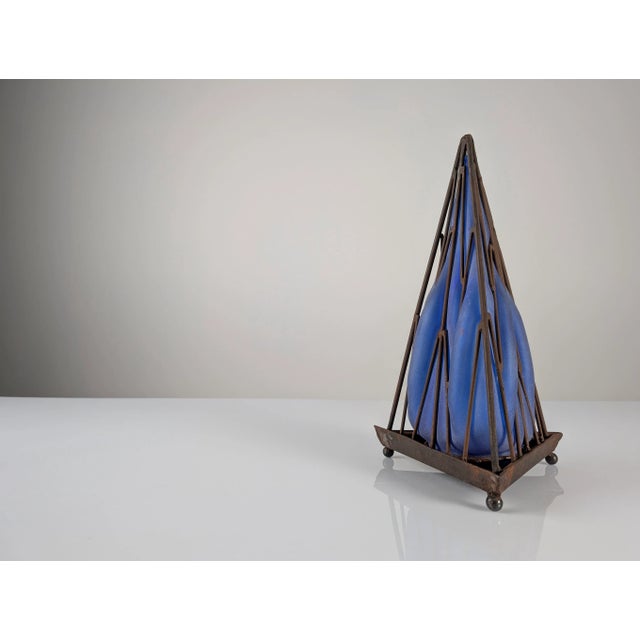 Blue Pyramid Table Lamp in Iron and Hand-Blown Glass For Sale - Image 8 of 9