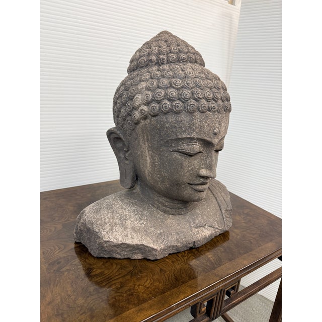 Indonesian Hand Carved Lava Stone Buddha Bust For Sale - Image 10 of 12