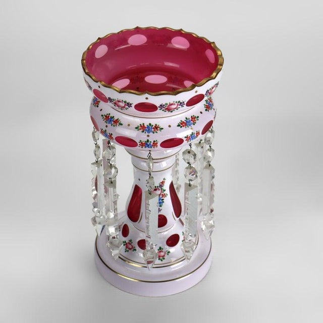 Pair Antique Bohemian Cutback Cranberry to Clear Lusters With Crystals C1890 For Sale - Image 6 of 7