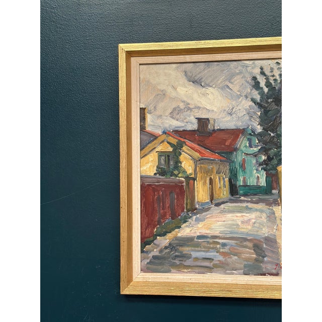 Mid-Century Modern Jan Hatvani, Street with Houses, 1960s, Oil on Panel, Framed For Sale - Image 3 of 14